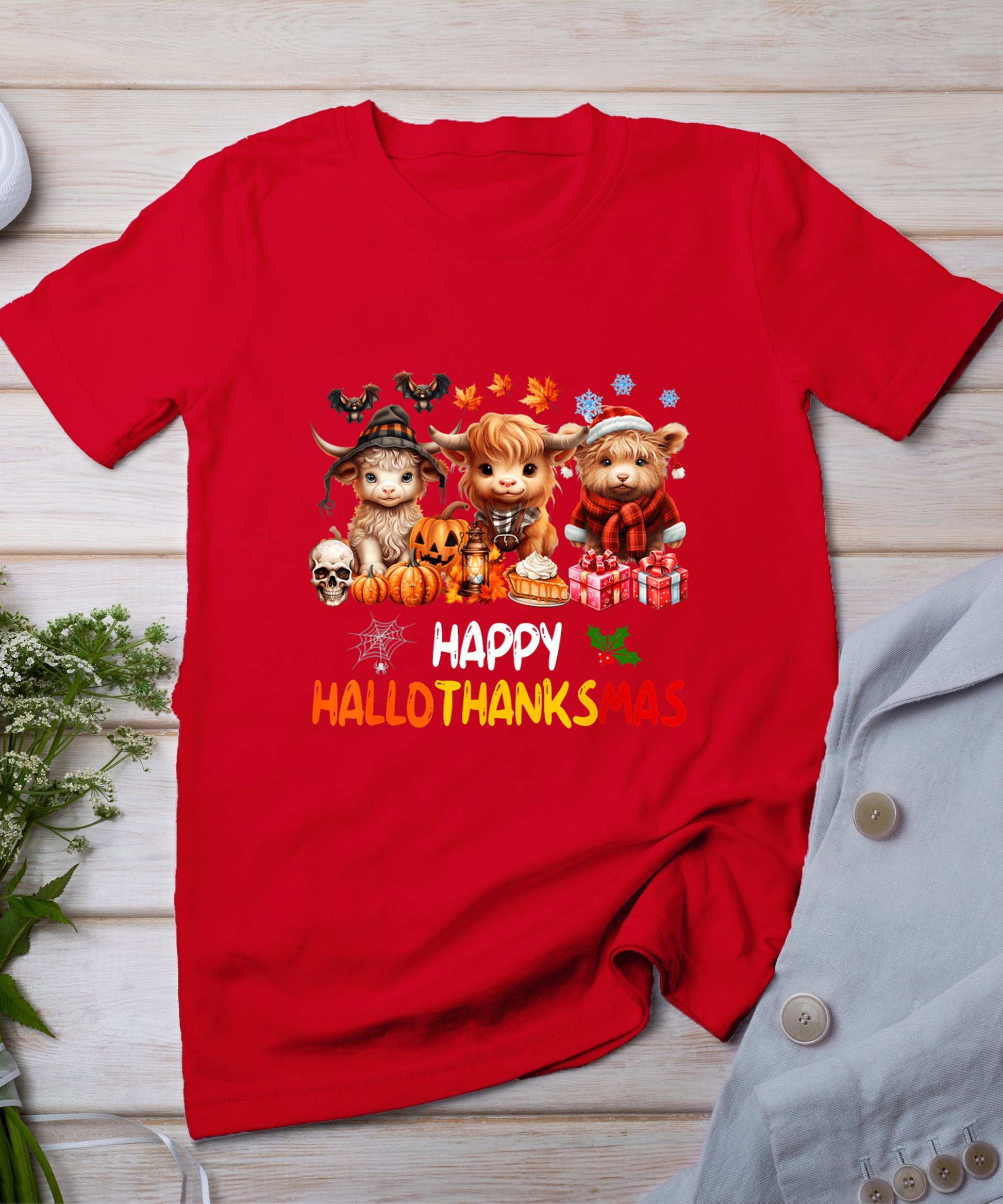 Happy Halloween Thanksgiving Christmas Highland Cow Holiday T-Shirt