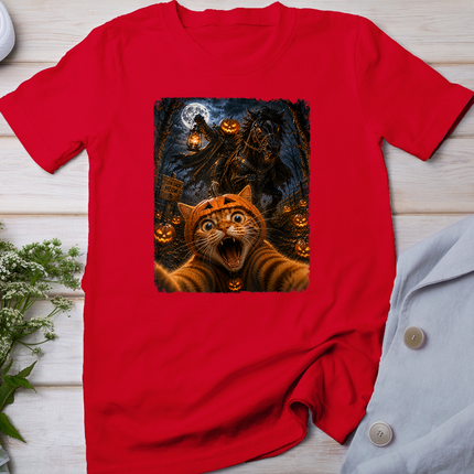 Funny Halloween Selfie Cat Horseman Pumpkins Moon Night T-Shirt