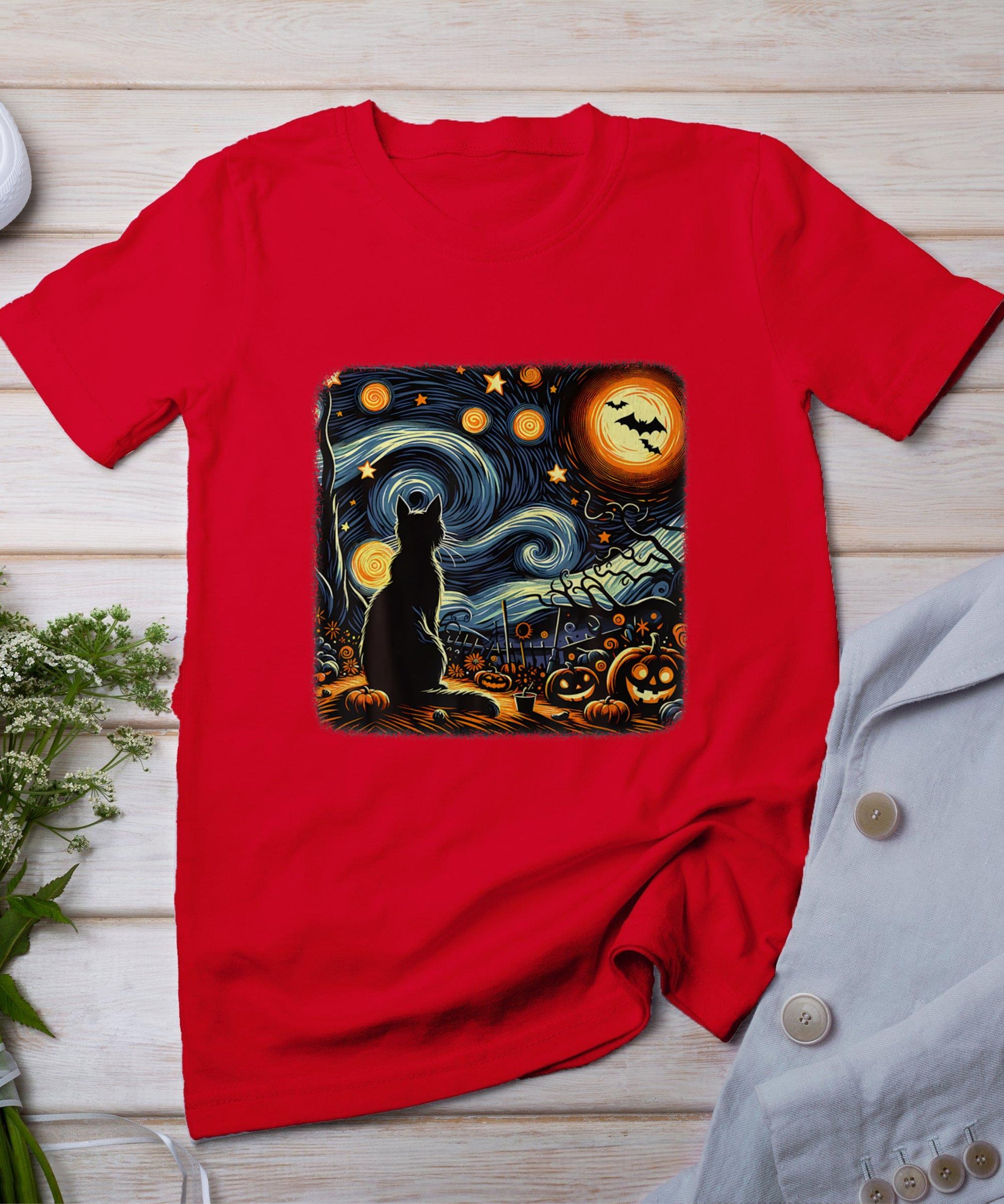 Halloween Van Gogh Starry Night Black Cat Pumpkins Bats T-Shirt