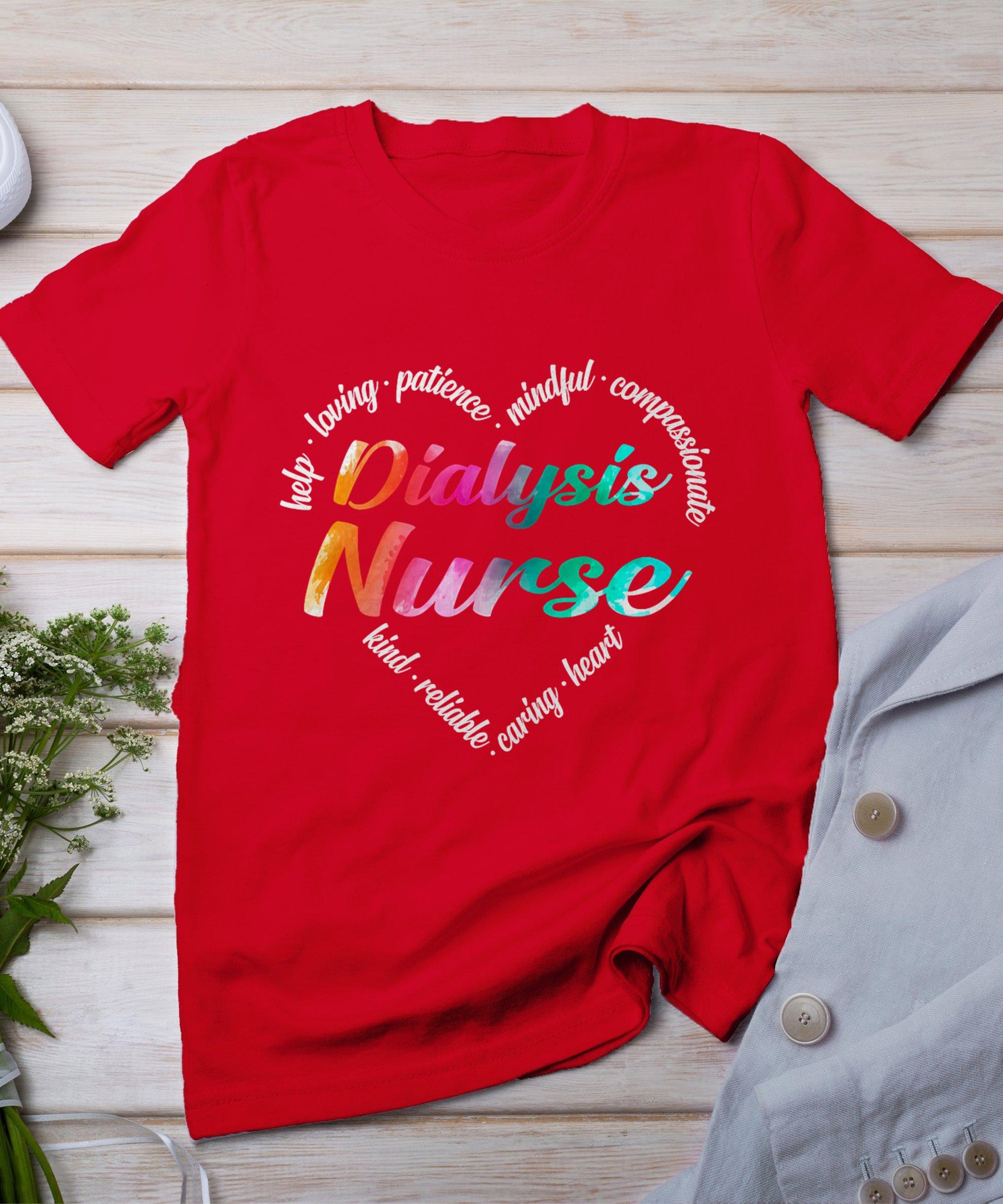 Dialysis Nurse Heart Word Cloud Watercolor Rainbow T-Shirt