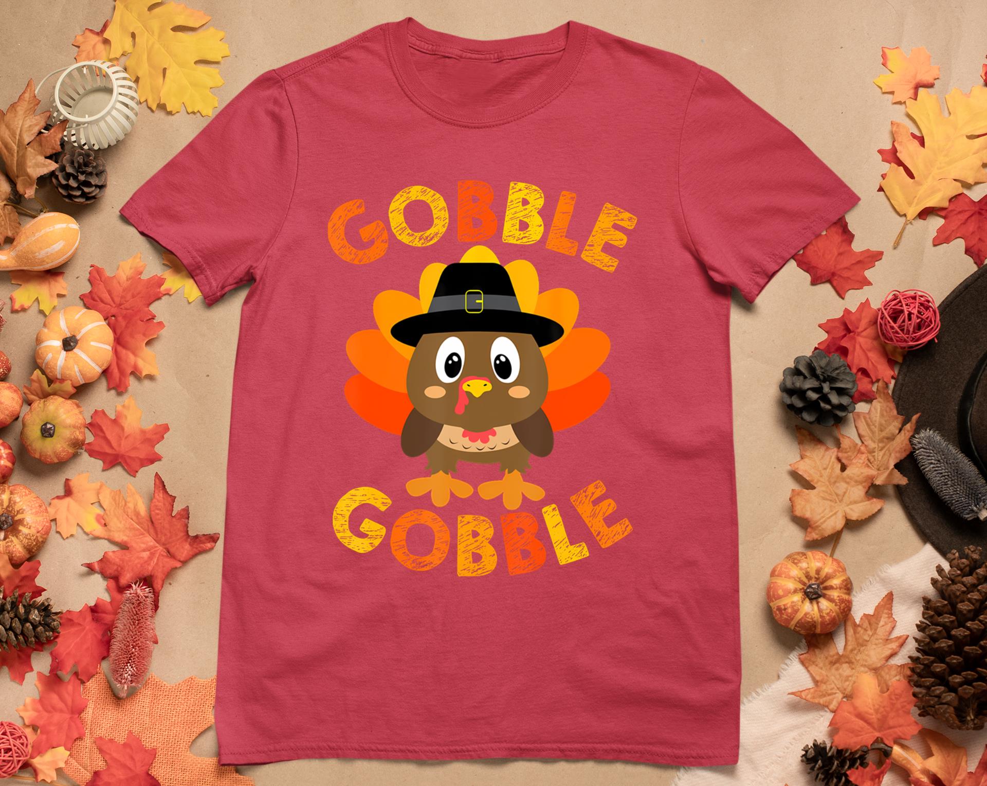 Cute Gobble Gobble Turkey Pilgrim Little Boys Thanksgiving T-Shirt