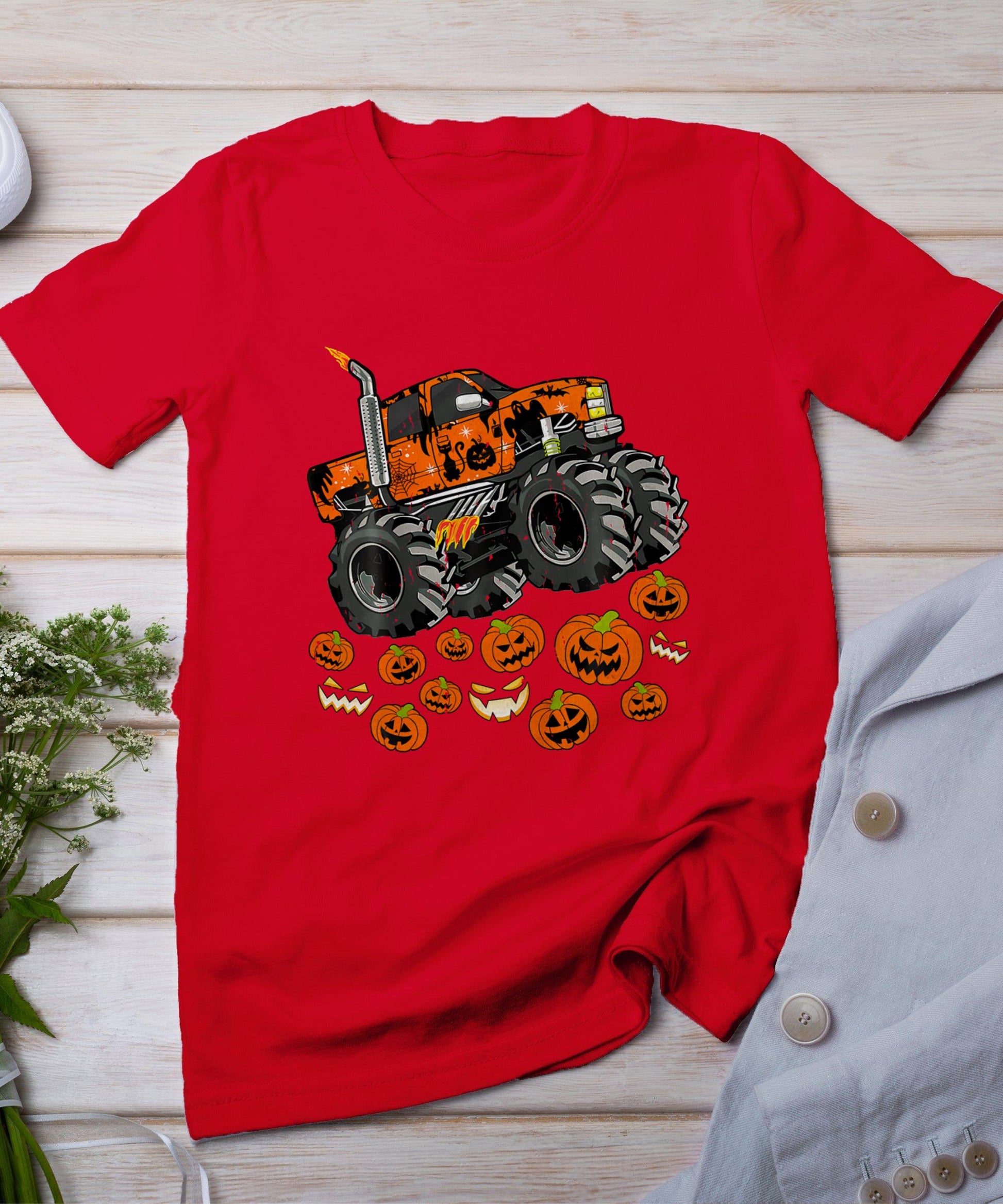 Kids Monster Truck Pumpkin Jack O Lantern Halloween Boy Toddler T-Shirt