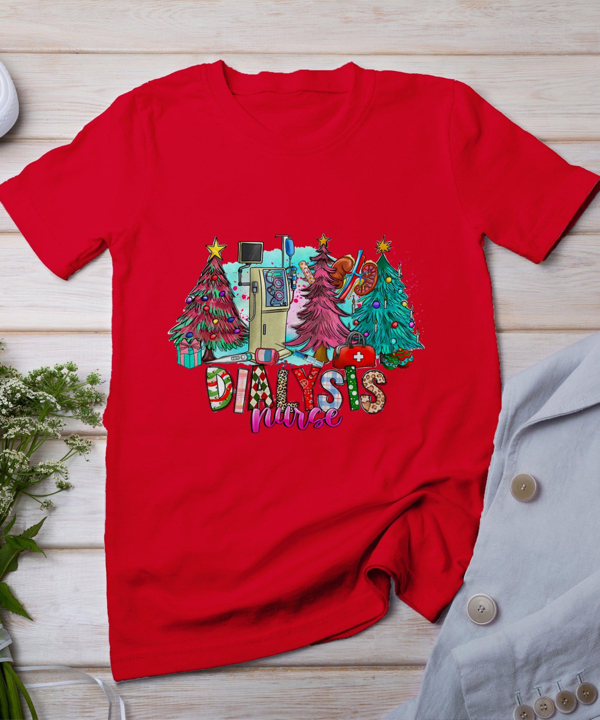 Dialysis Nurse Christmas Xmas Trees Lights Pajamas Pjs Women T-Shirt