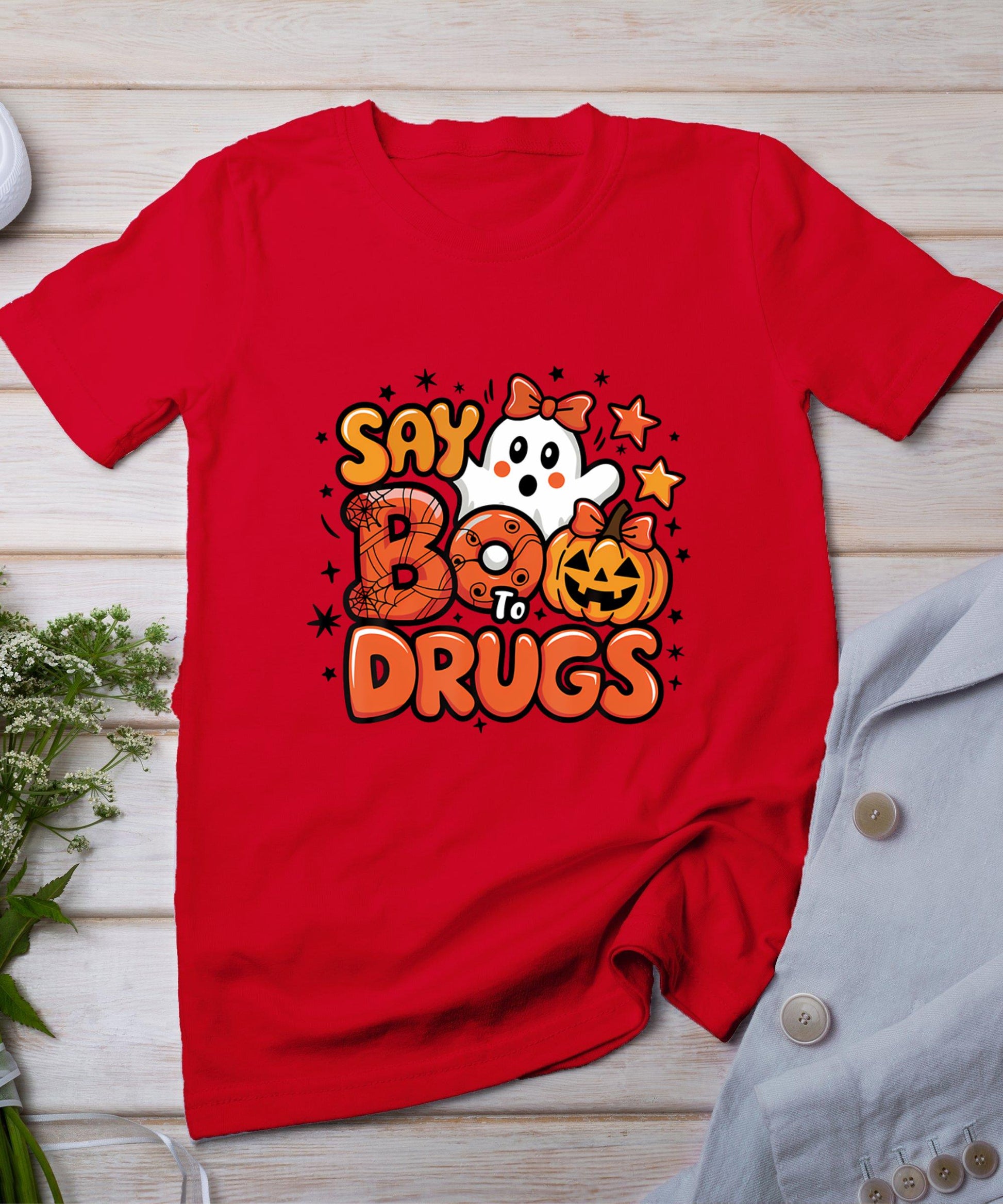 Say Boo Drug-Free Ghost Halloween Red Ribbon Week Awareness T-Shirt