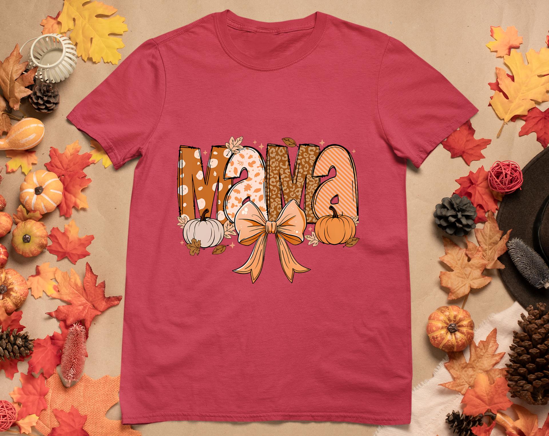 Retro Mama Coquette Bows Leopard Mom Fall Thanksgiving Women T-Shirt