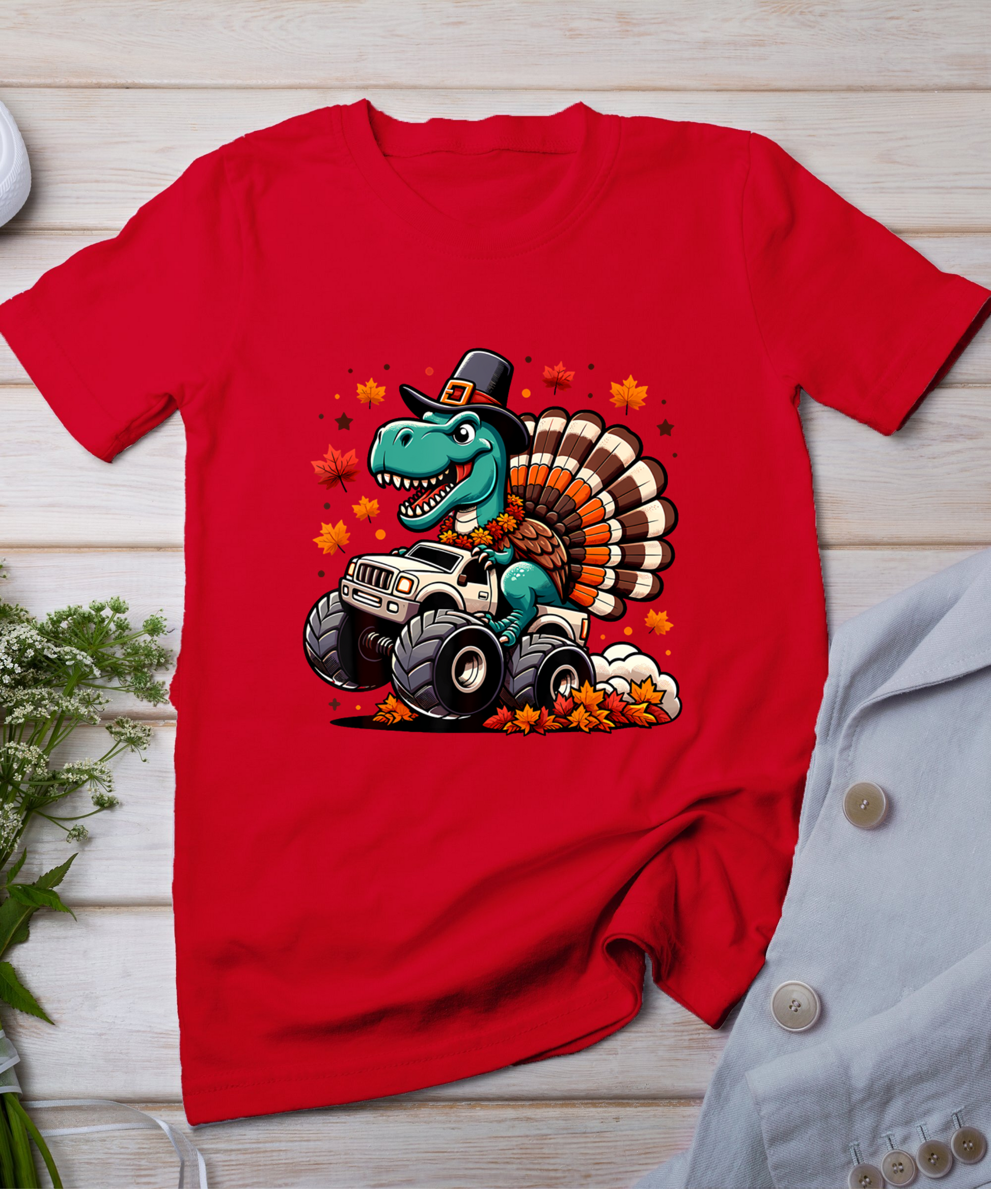 Thanksgiving Shirts Boys Kids Dinosaur T Rex Monster Truck T-Shirt