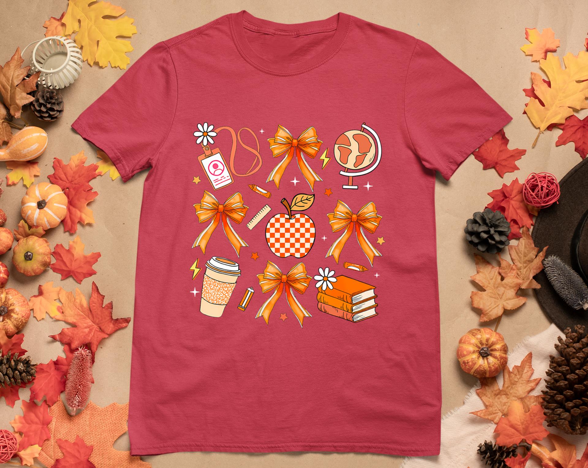 Retro Coquette Bow Teacher Fall Autumn Thanksgiving T-Shirt