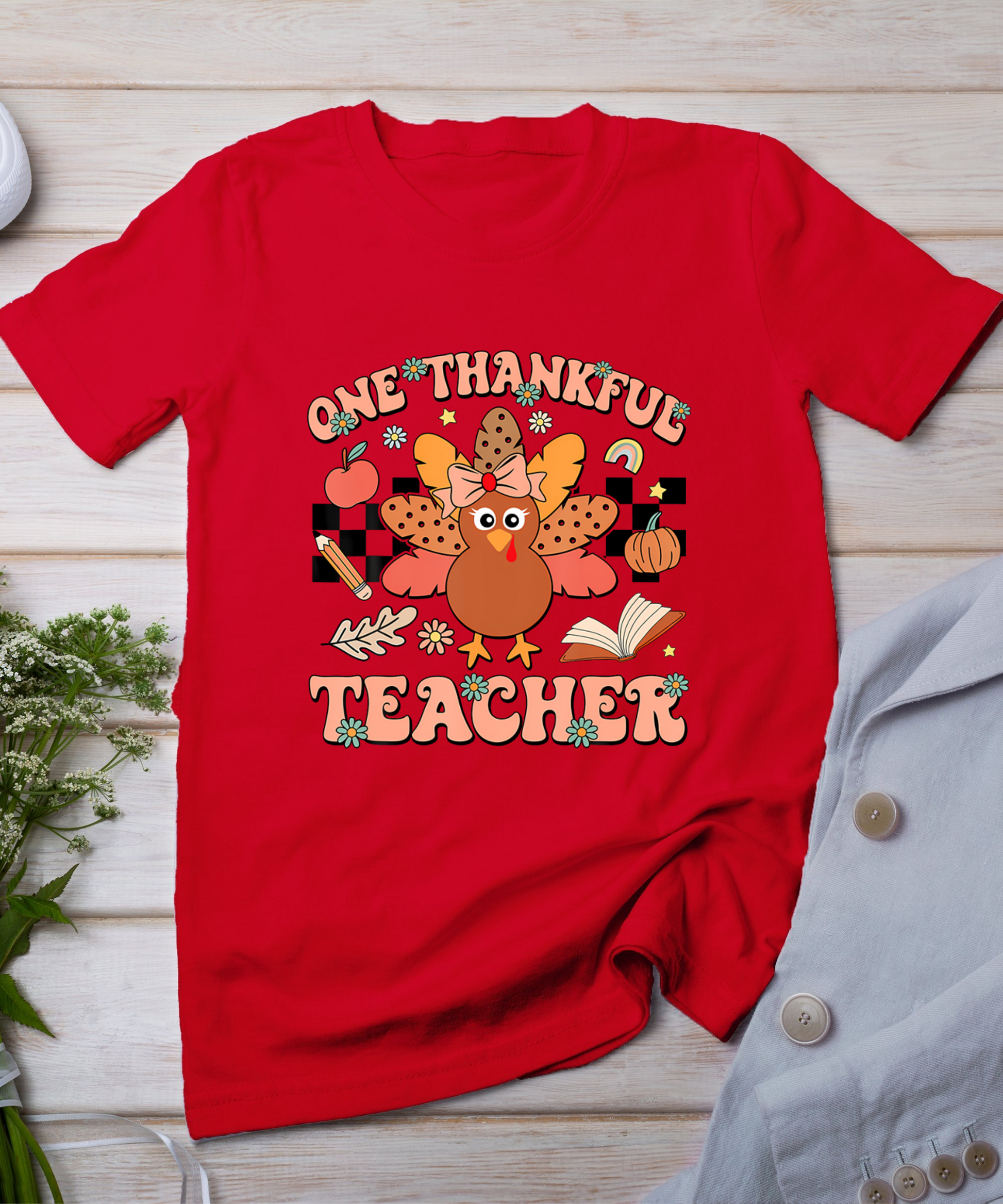 One Thankful Teacher Thanksgiving Retro Groovy Fall Teachers T-Shirt