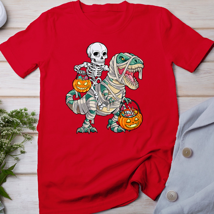 Skeleton Riding Mummy Dinosaur T Rex Halloween Funny Pumpkin T-Shirt