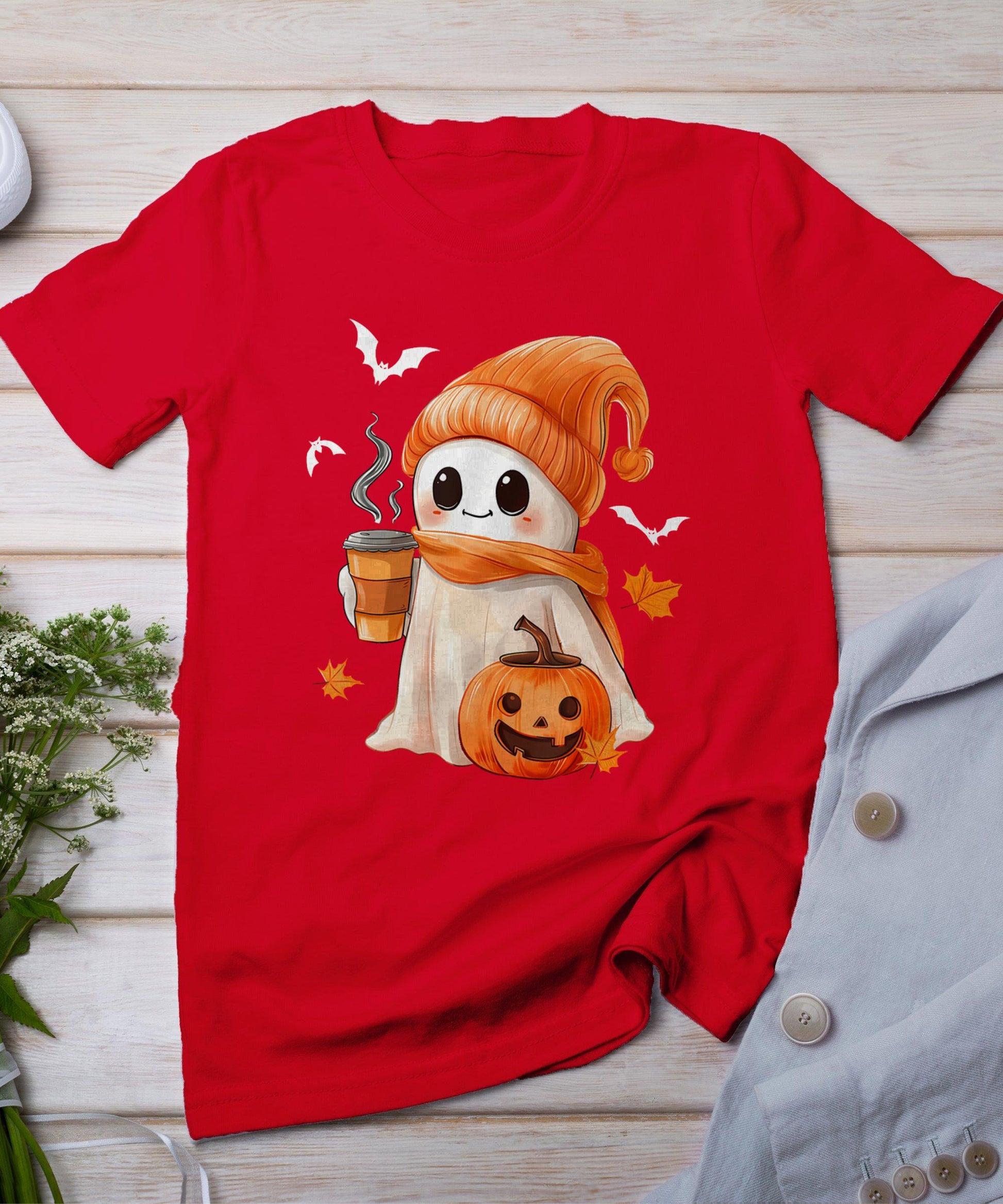 Cute Ghost Drinking Coffee Halloween Ghost Ice Coffee Womens T-Shirt