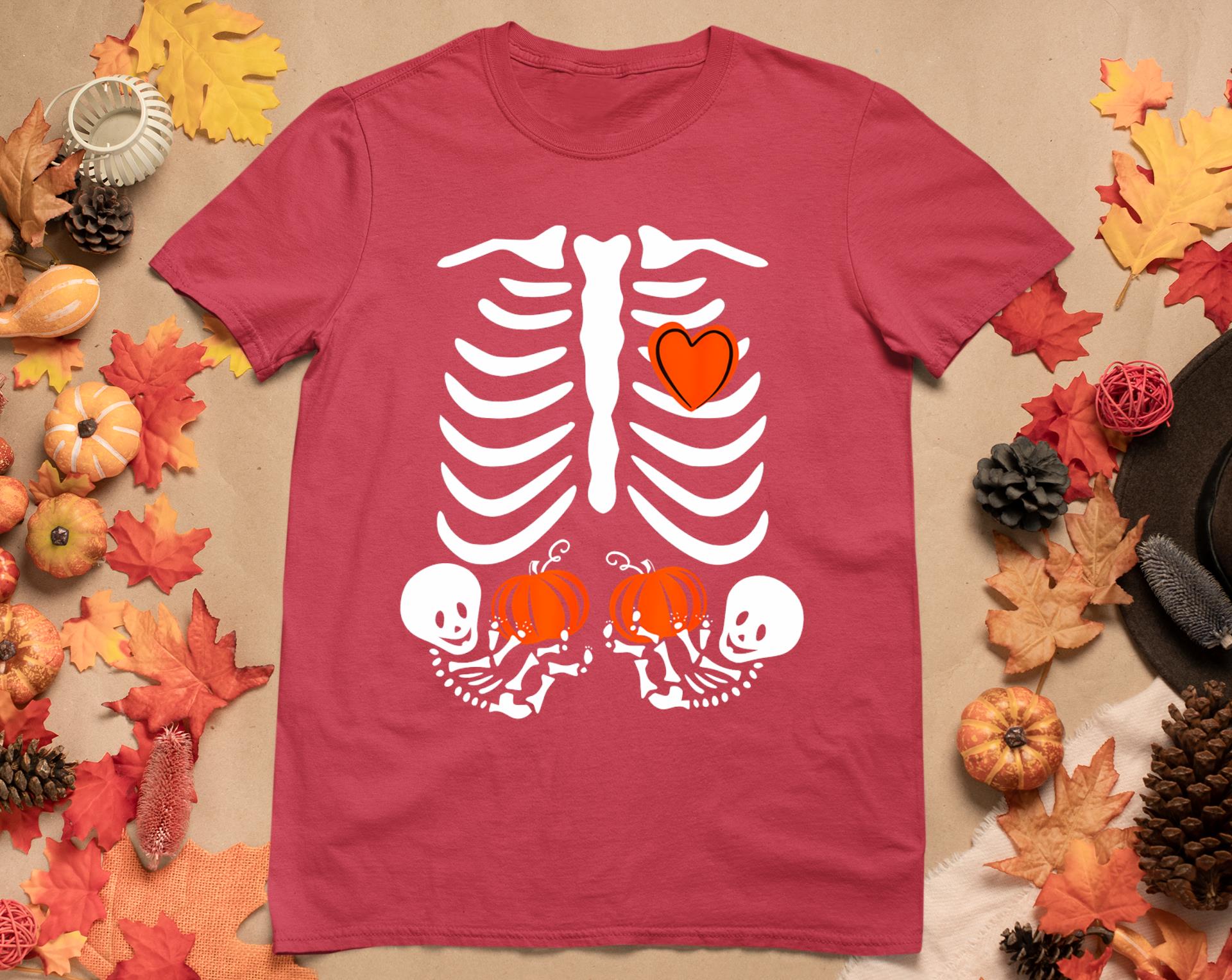 Skeleton Twin Pregnancy Announcement Halloween Pregnant Mom T-Shirt