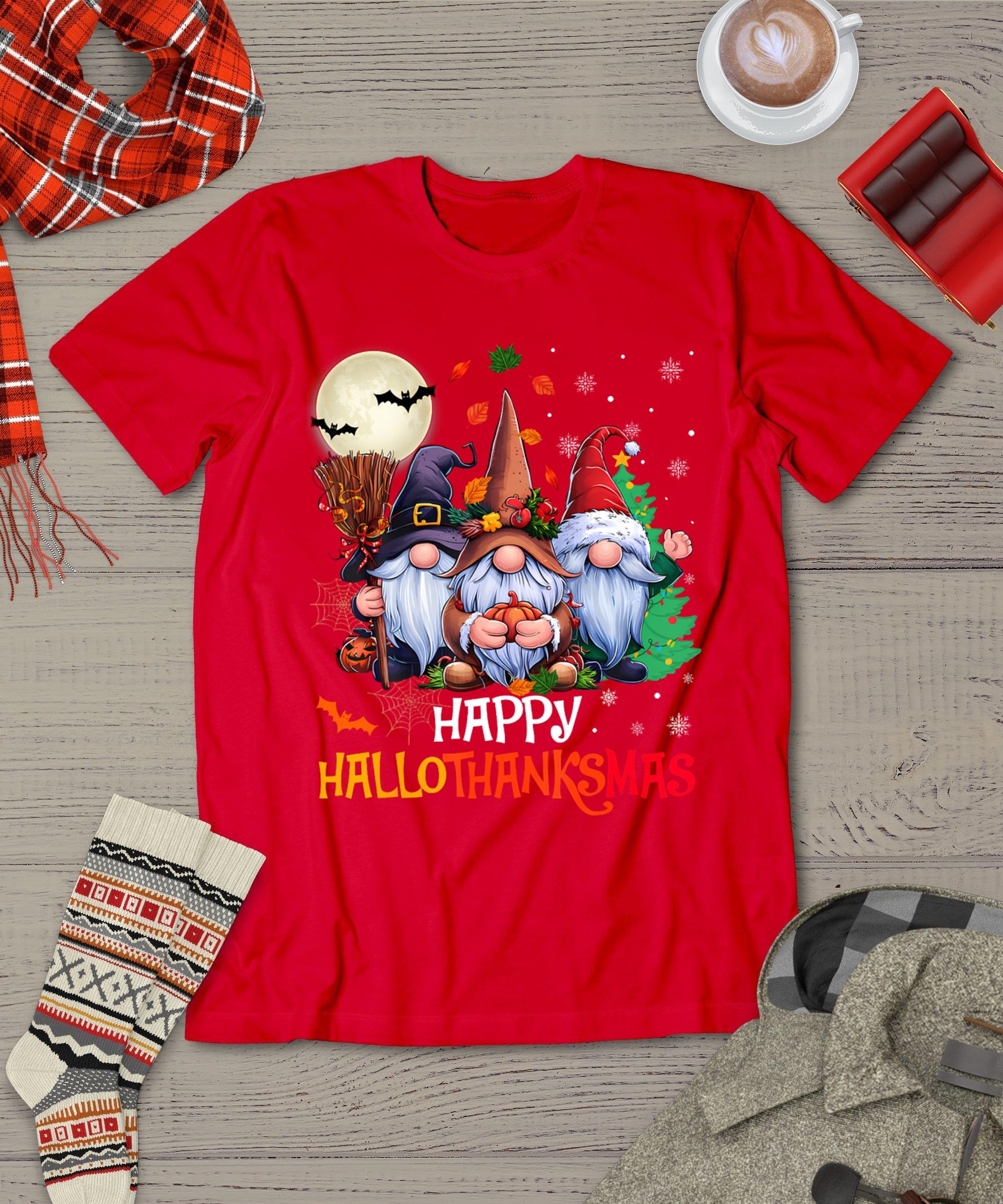 Happy Hallothanksmas Gnomes Lover Halloween Merry Christmas T-Shirt