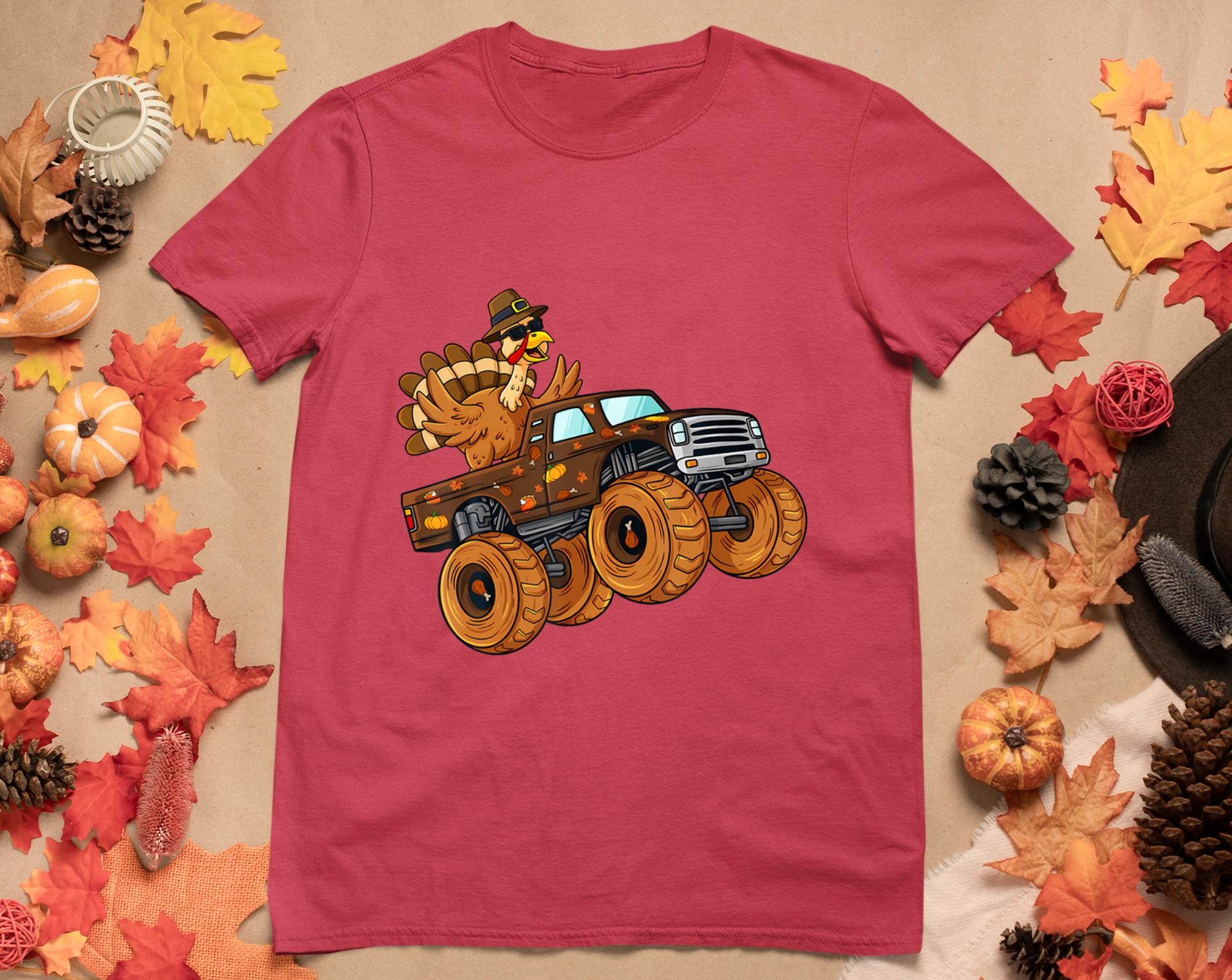 Thanksgiving Turkey Riding Monster Truck Boys Kids T-Shirt