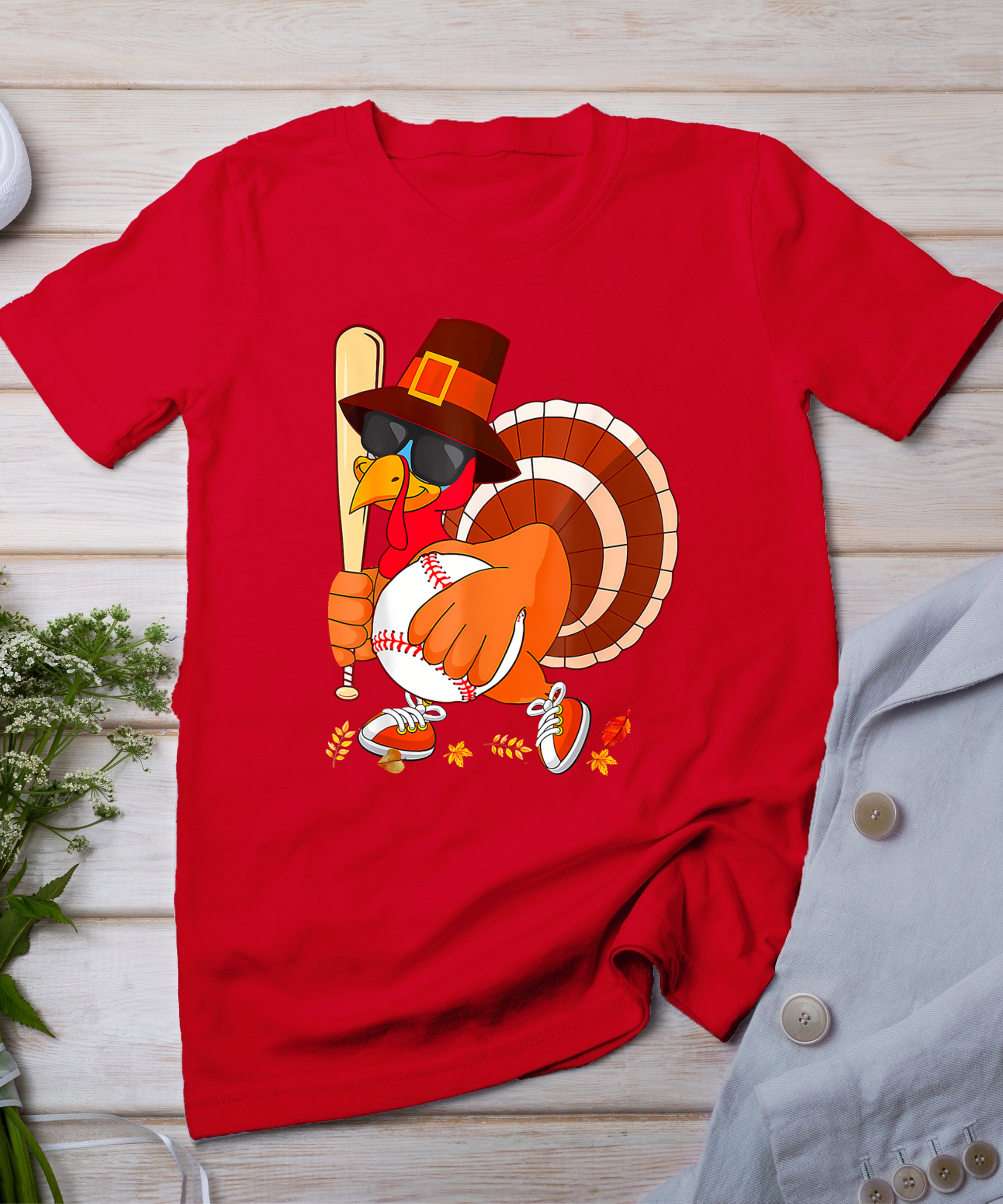 Turkey Playing Baseball Thanksgiving T-Shirt