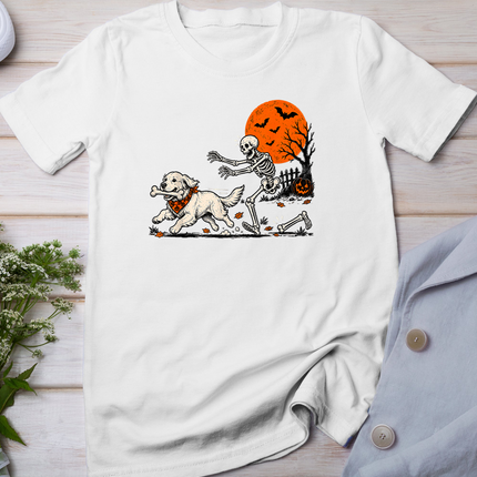 Golden Retriever Dog Stealing Bone from Skeleton Halloween T-Shirt