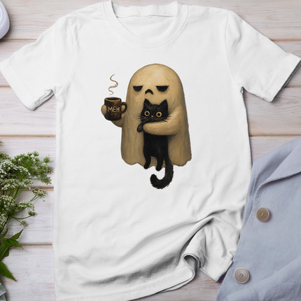 Spooky Ghost Holding Black Cat Coffee Lover Funny Halloween T-Shirt