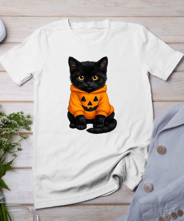 Cute Black Cat In Pumpkin Halloween T-Shirt