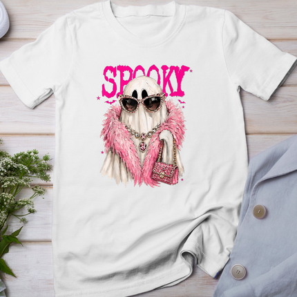Spooky Ghost Fashion Pink Fur Glam Halloween Graphic Women T-Shirt