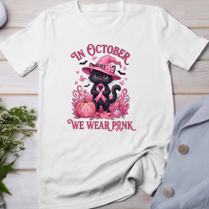 Halloween Witch Black Cat We Wear Pink Ribbon Breast Cancer T-Shirt