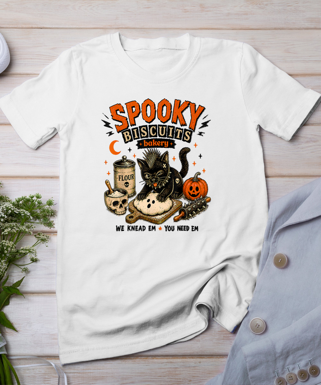 Funny Cat Spooky Biscuits Bakery Cat Black Halloween Pumpkin T-Shirt