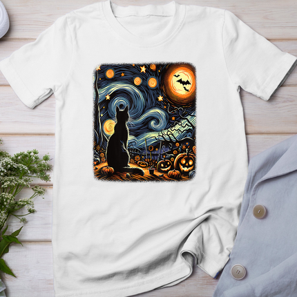 Halloween Van Gogh Starry Night Black Cat Pumpkins Bats T-Shirt