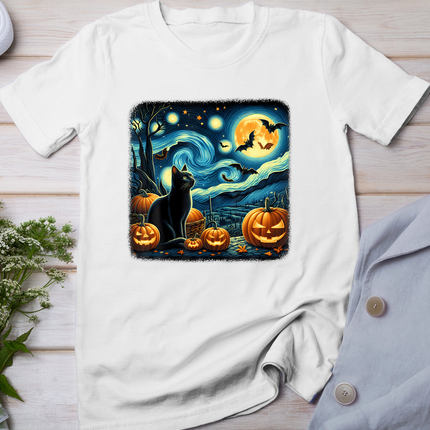 Van Gogh Starry Night Black Cat Halloween Pumpkin Cat Lover T-Shirt