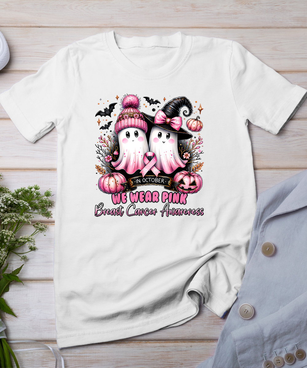 In October We Wear Pink Ghost Witch Breast Cancer Awareness T-Shirt