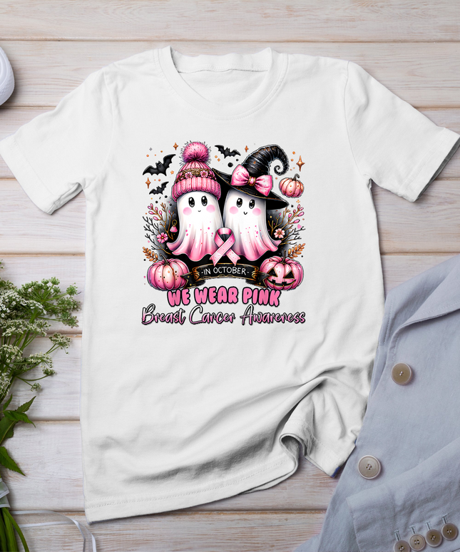 In October We Wear Pink Ghost Witch Breast Cancer Awareness T-Shirt