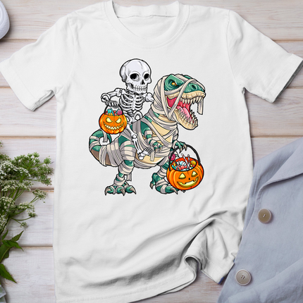 Skeleton Riding Mummy Dinosaur T Rex Halloween Funny Pumpkin T-Shirt