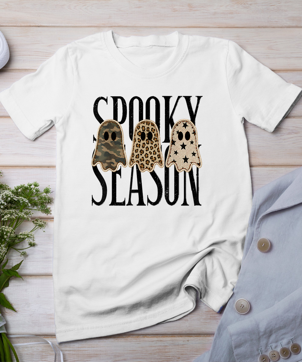 Retro Patchwork Ghosts Camo Leopard Halloween Spooky Season T-Shirt