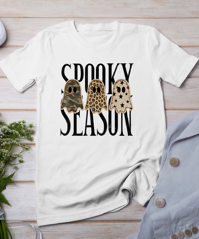 Retro Patchwork Ghosts Camo Leopard Halloween Spooky Season T-Shirt