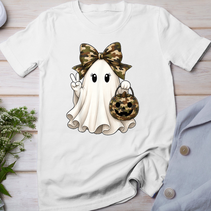 Cute Halloween Camo Bow Ghost Pumpkin Basket Women Girl Kid T-Shirt