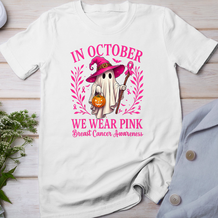 Breast Cancer Halloween in October We Wear Pink Ghost Witch T-Shirt