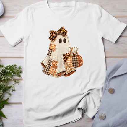 Fall Ghost with Pumpkin Printed Patchwork Ghost Quilters T-Shirt