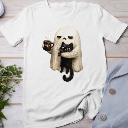 Retro Funny Boo JEE Ghost Holding Black Cat Cozy Hot Latte T-Shirt